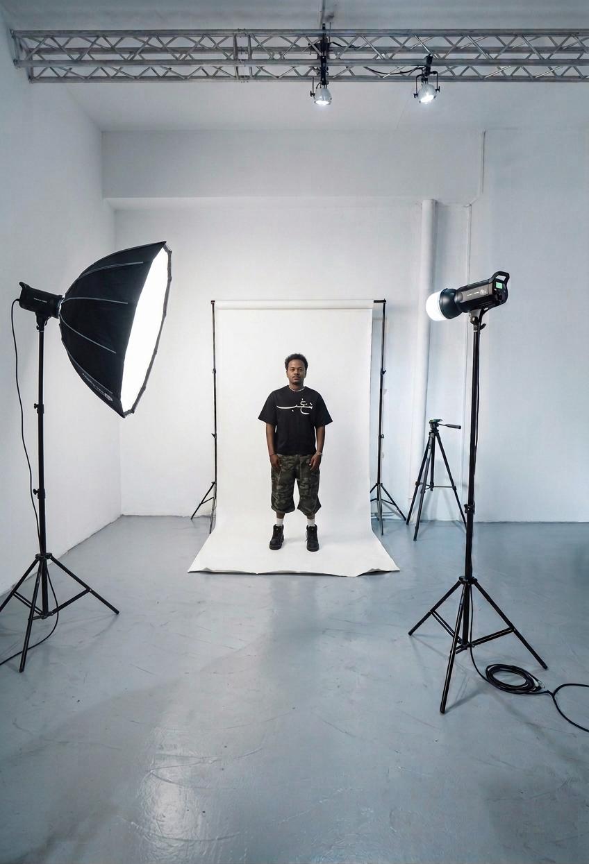 Photo studio setup with lighting and seamless backdrop